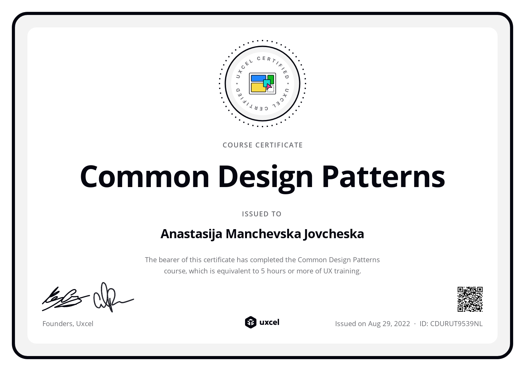 Anastasija M-Jovcheska's certificate